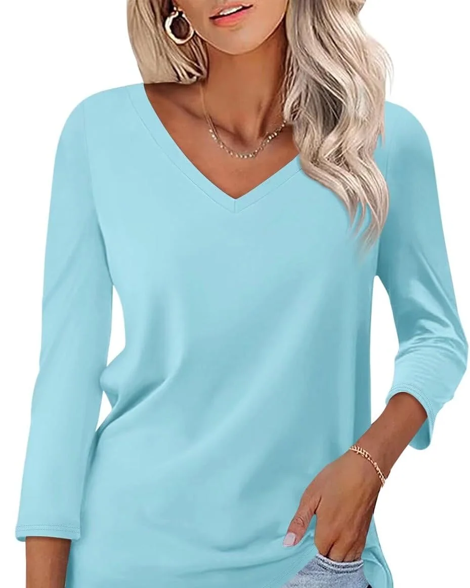 Minetom Women's 3/4 Length Sleeve Tops V Neck T Shirts Casual Basic Tees, Light Blue, Small, photo 31