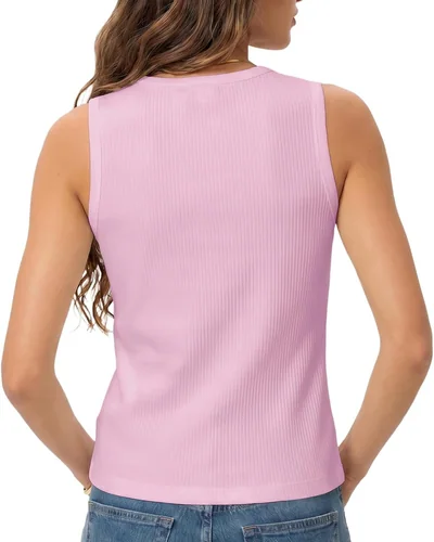 Minetom Womens Sleeveless Button Down Shirts Ribbed Tank Tops Pink, thumbnail 2