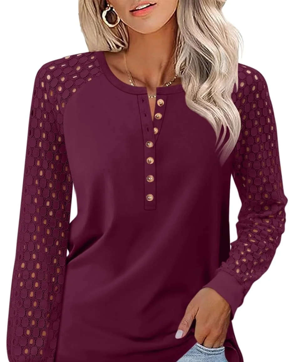 Minetom Women's Lace Long Sleeve Tops Henley Shirts Casual Blouses Tees, Wine Red, Small, photo 7