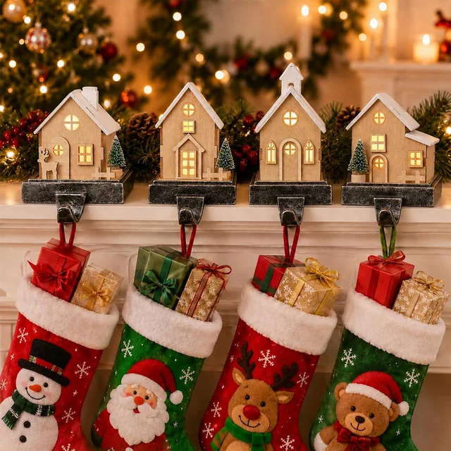 Minetom Wooden House Stocking Holders for Mantle