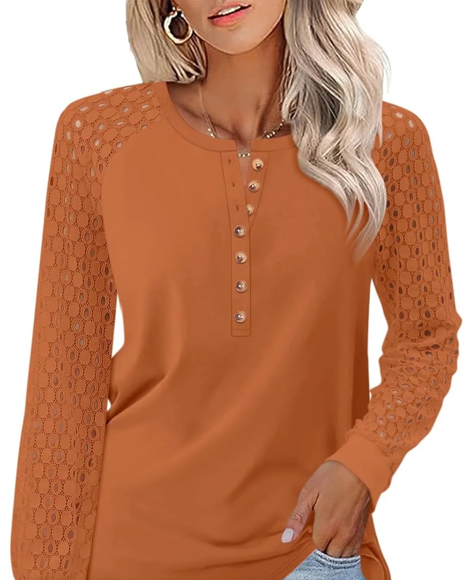 Minetom Women's Lace Long Sleeve Tops Henley Shirts Casual Blouses Tees, Rust, Small, photo 12