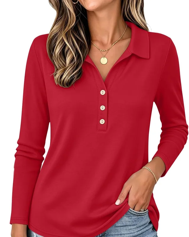 Minetom Womens Long Sleeve Tops Collared Button Up Shirts