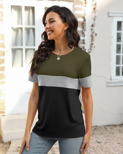 Minetom Womens Color Block T Shirts Short Sleeve Tops Summer Tees, thumbnail 3