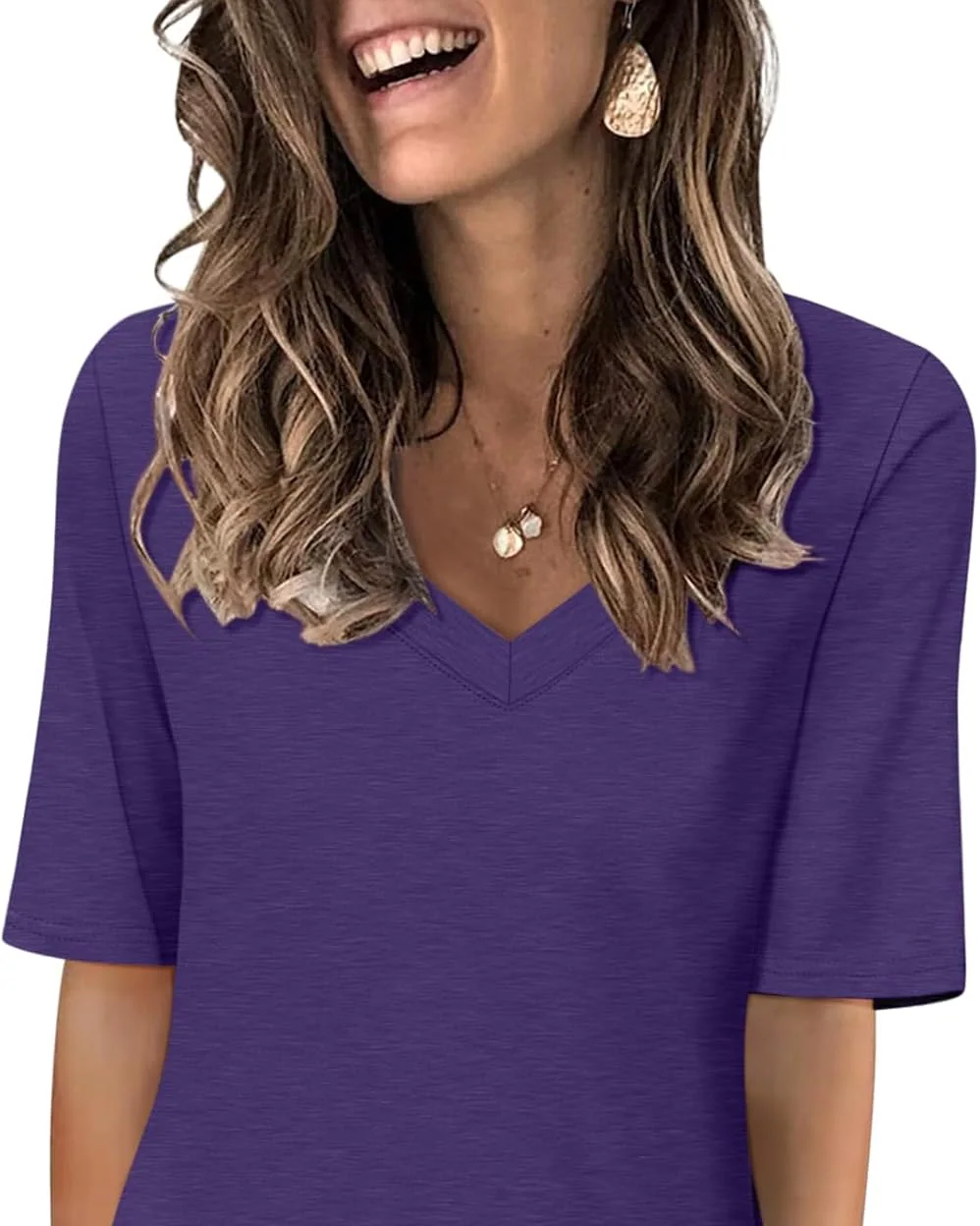 Minetom Women's V Neck T Shirts Casual Half Sleeve Tops Basic Summer Tees, Dark Purple, Small, photo 17