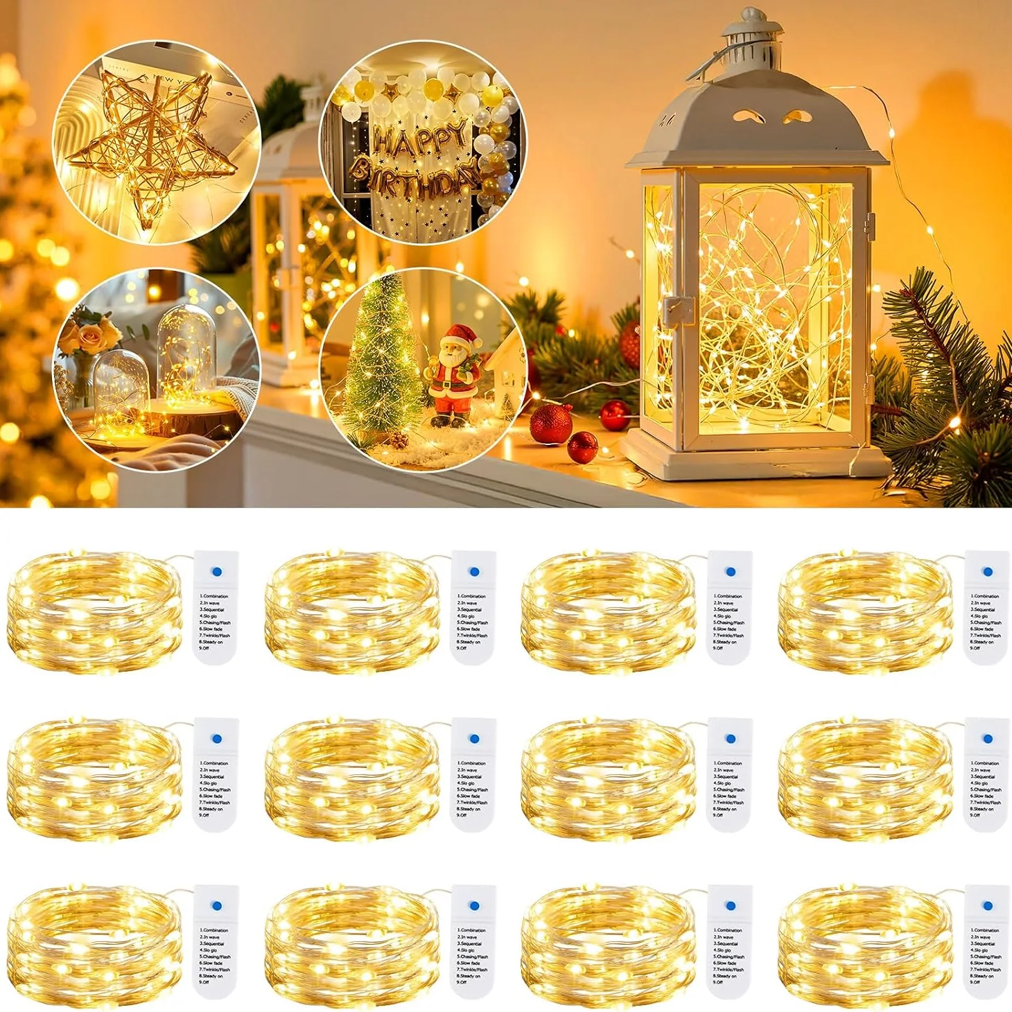Minetom 12 Pack Warm White Battery Operated Fairy String Lights 8 Modes, photo 2
