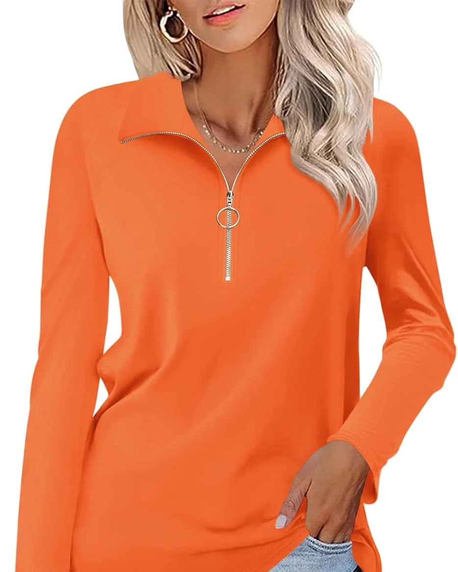 Minetom Womens Long Sleeve Shirts 1/4 Zipper Pullover V Neck Collar Tops, Orange, Small, photo 11
