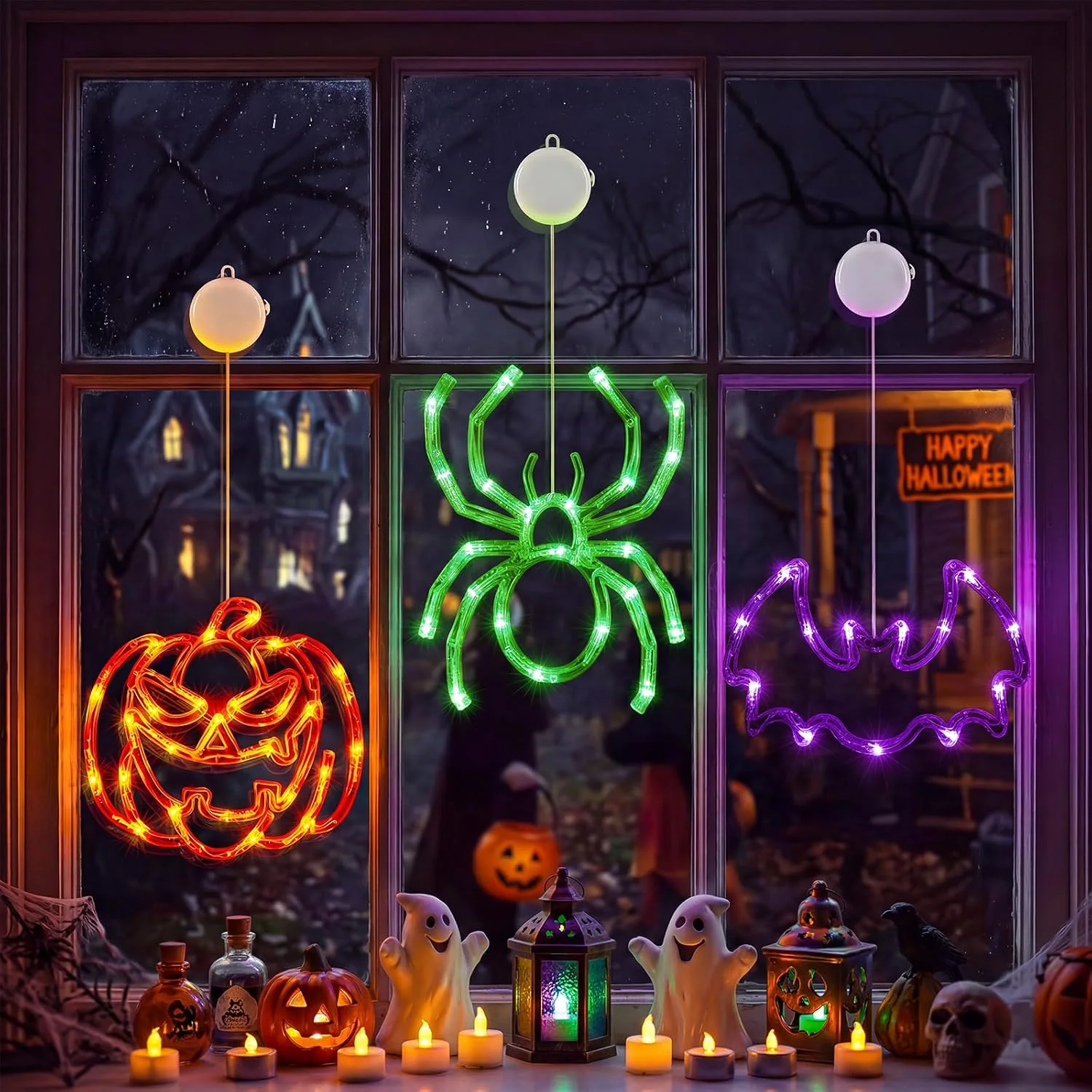 Minetom 3 Pack Halloween Windows Lights, Pumpkin/Spider/Bat, photo 6
