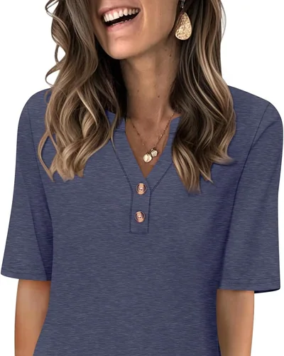 Minetom Women's Half Sleeve Tops V Neck T Shirt Button Casual Tee White, thumbnail 13