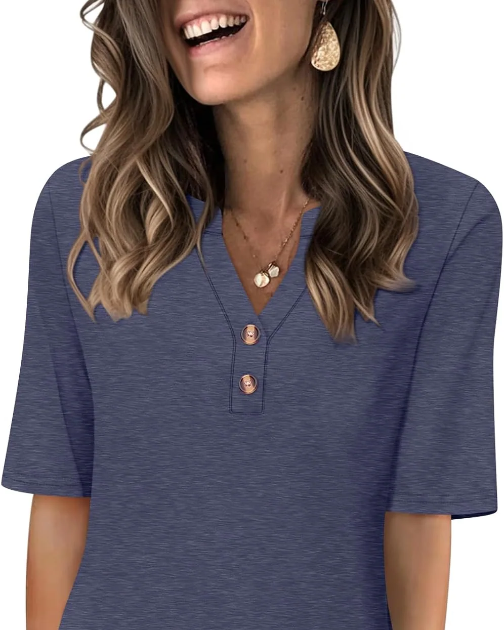 Minetom Women's Half Sleeve Tops V Neck T Shirt Button Casual Tee White, Navy Blue, Small, photo 13