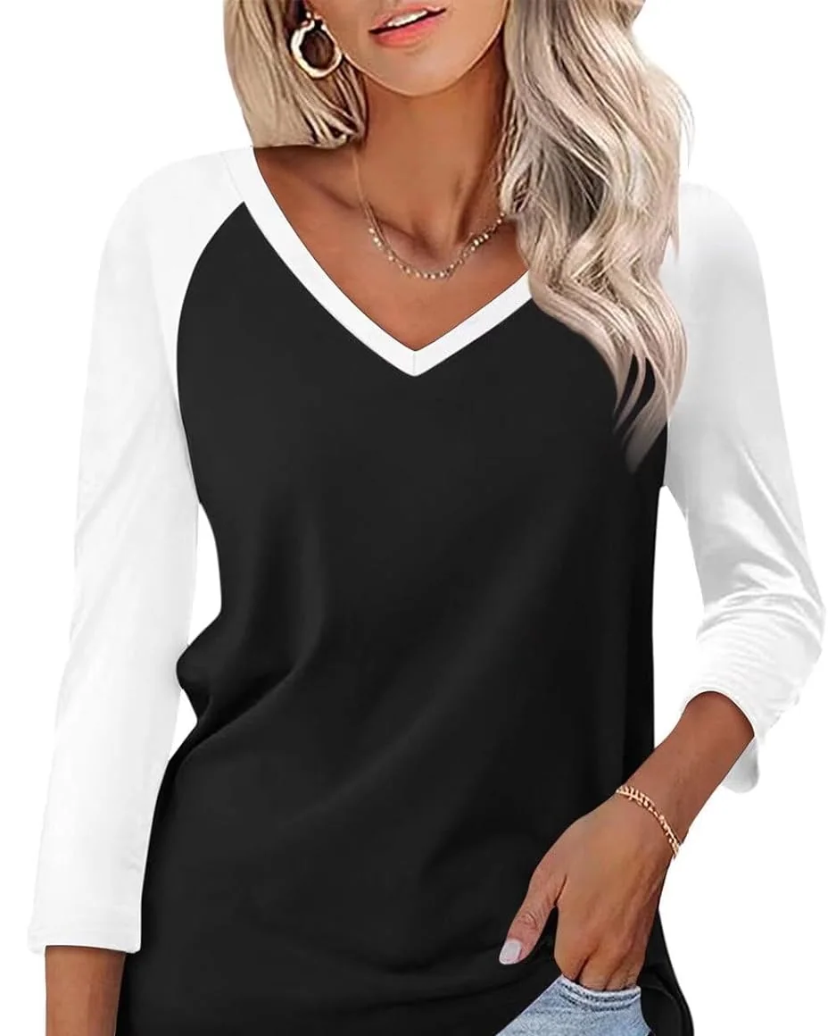 Minetom Women's 3/4 Length Sleeve Tops V Neck T Shirts Casual Basic Tees, Black, Medium, photo 15