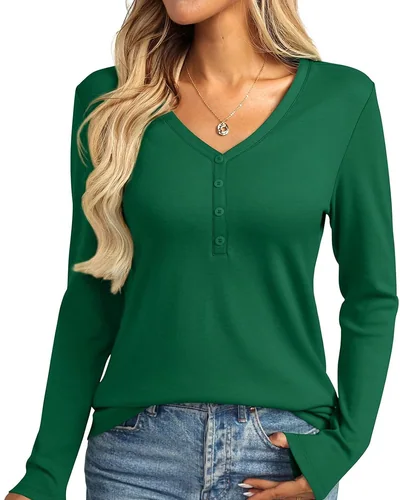 Minetom Womens Long Sleeve Tops Henley V Neck Tees Button Up Shirts Basic, thumbnail 18