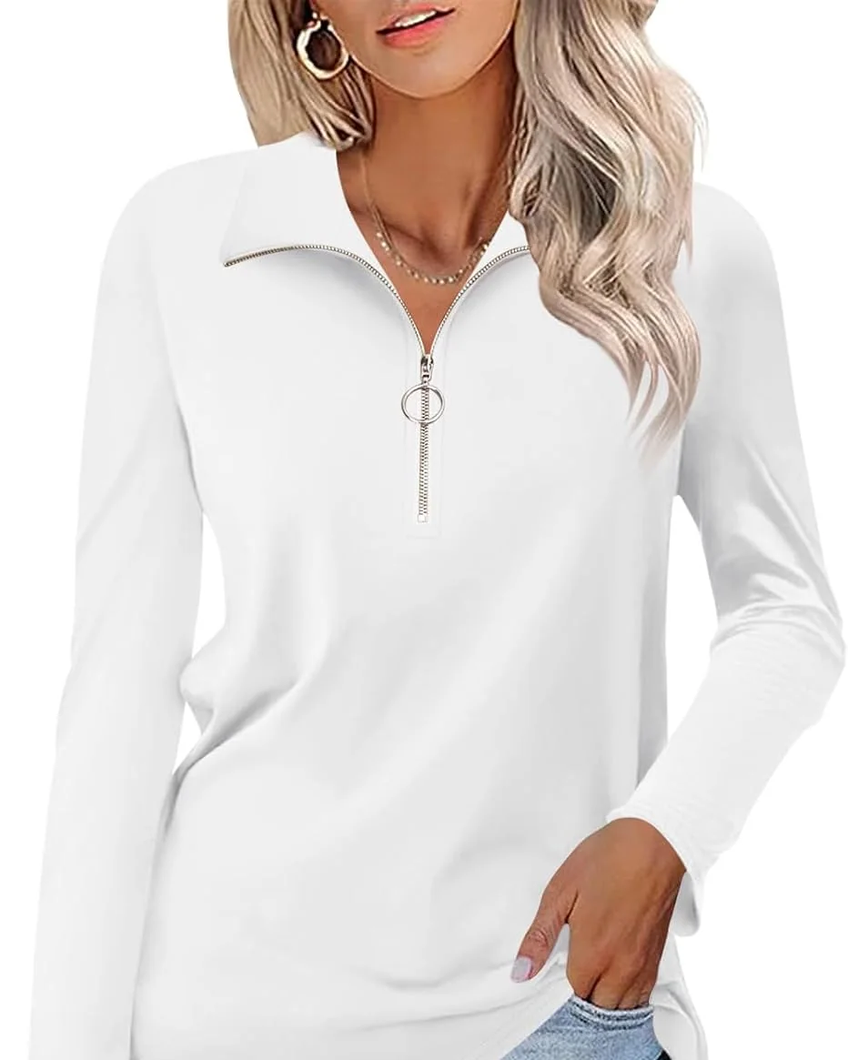 Minetom Womens Long Sleeve Shirts 1/4 Zipper Pullover V Neck Collar Tops, White, Small, photo 6
