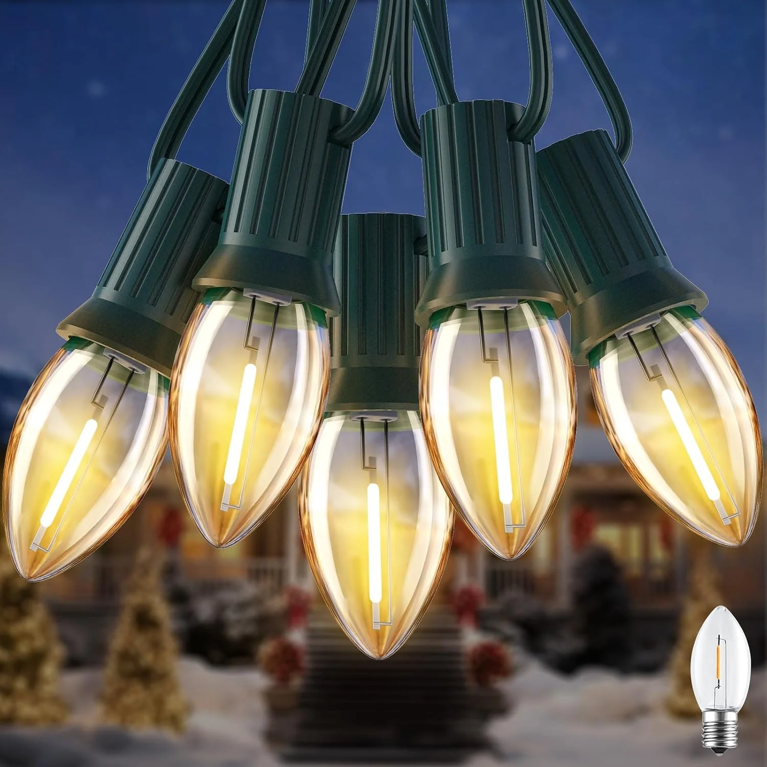 Minetom 50FT C7 LED Vintage Christmas Lights Outdoor with 52 Bulbs, Warm White, 25 ft, photo 2
