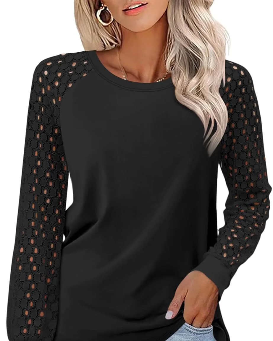 Minetom Womens Lace Tops Long Sleeve Shirts Dressy Casual Blouses Trendy, Black, Large, photo 11