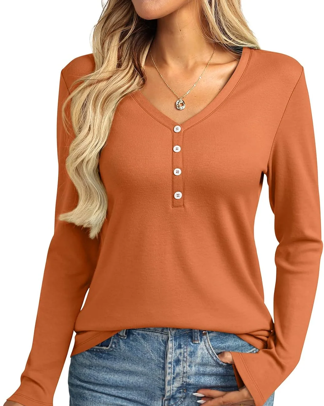Minetom Womens Long Sleeve Tops Henley V Neck Tees Button Up Shirts Basic, Rust, Small, photo 19