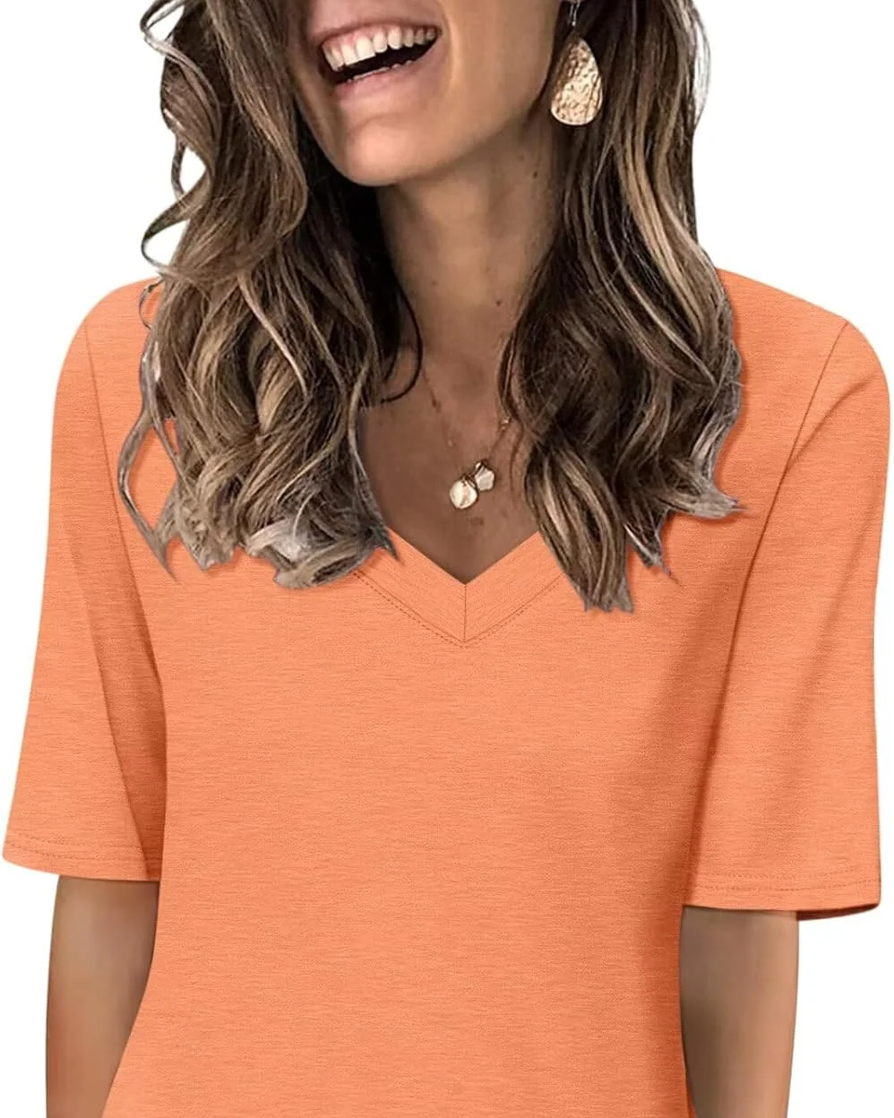 Minetom Women's V Neck T Shirts Casual Half Sleeve Tops Basic Summer Tees, Orange, Small, photo 26