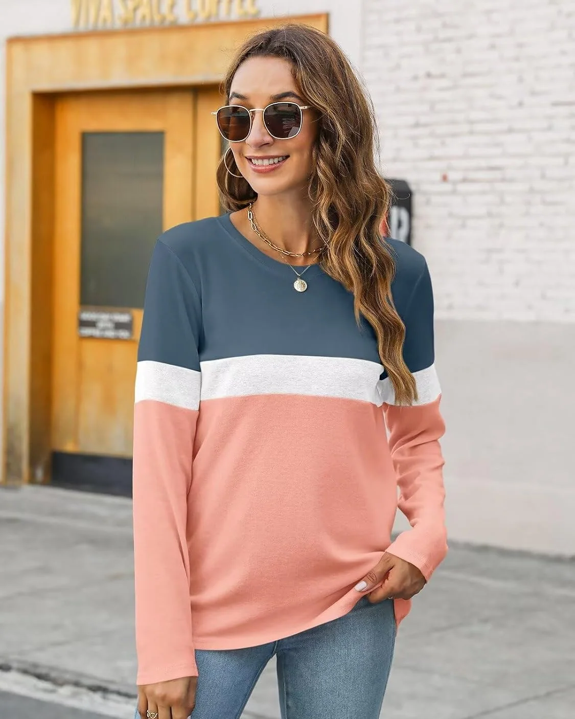 Minetom Women's Color Block Tunic Tops Casual Long Sleeve Shirts Round Neck, photo 2