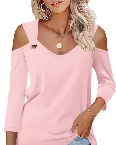Minetom Women's V Neck 3/4 Sleeve Shirts Cold Shoulder Tops 2026 Fall Tees, thumbnail 23