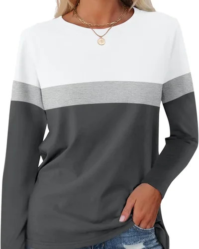 Minetom Women's Color Block Tunic Tops Casual Long Sleeve Shirts Round Neck, thumbnail 7