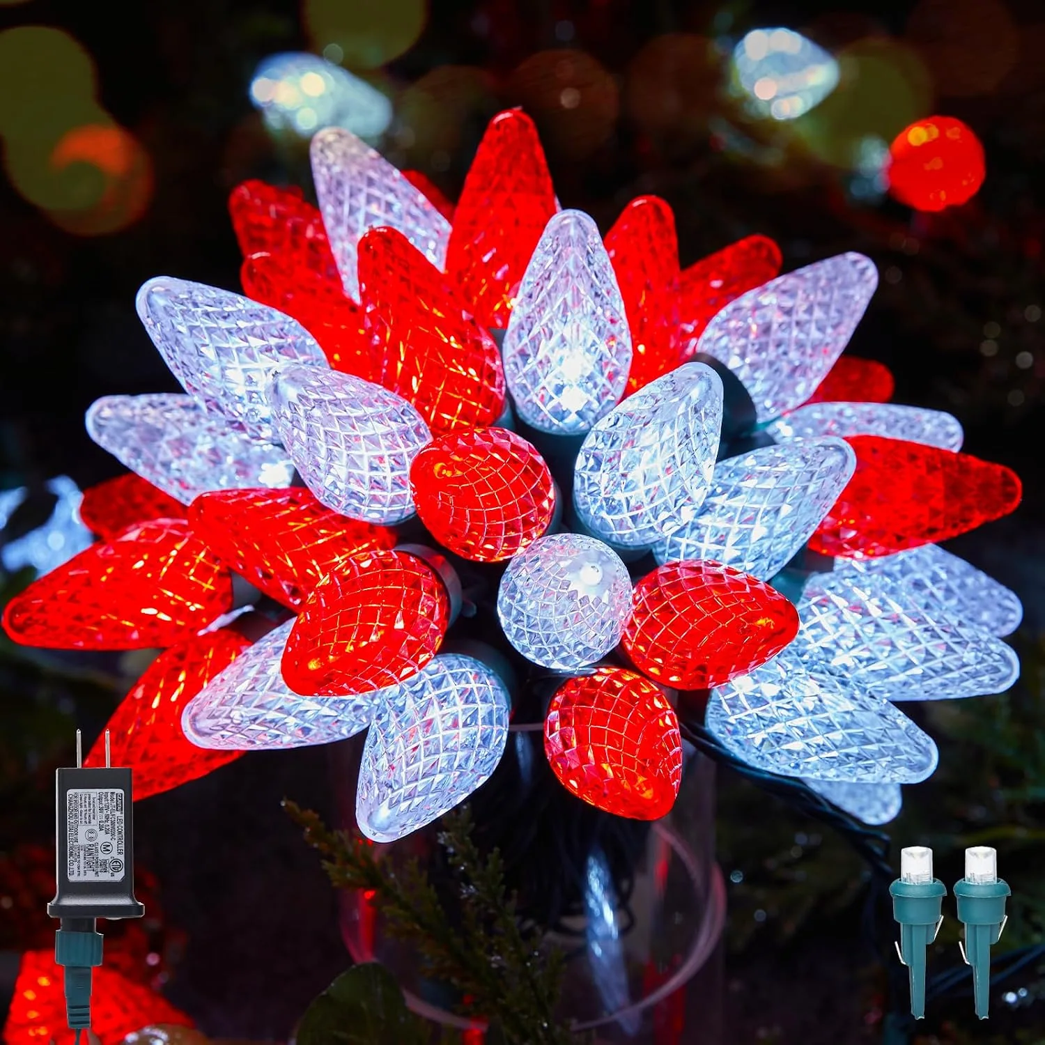 Minetom C9 LED Christmas Lights Outdoor Timer 8 Modes 100 Lights Blue Pure, Red & Pure White, 2 Pack, photo 3