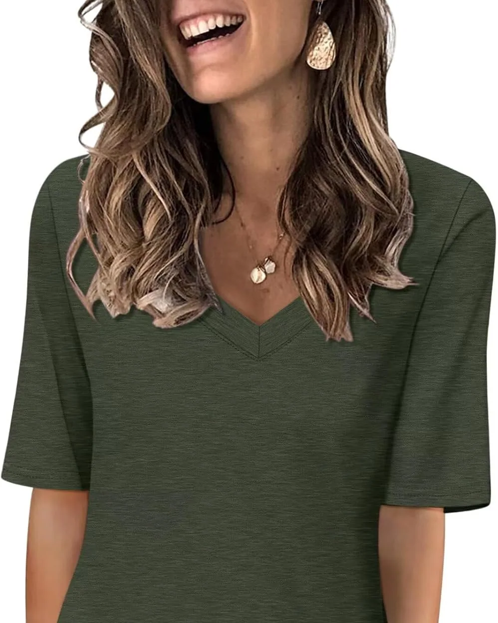 Minetom Women's V Neck T Shirts Casual Half Sleeve Tops Basic Summer Tees, Army Green, Small, photo 22