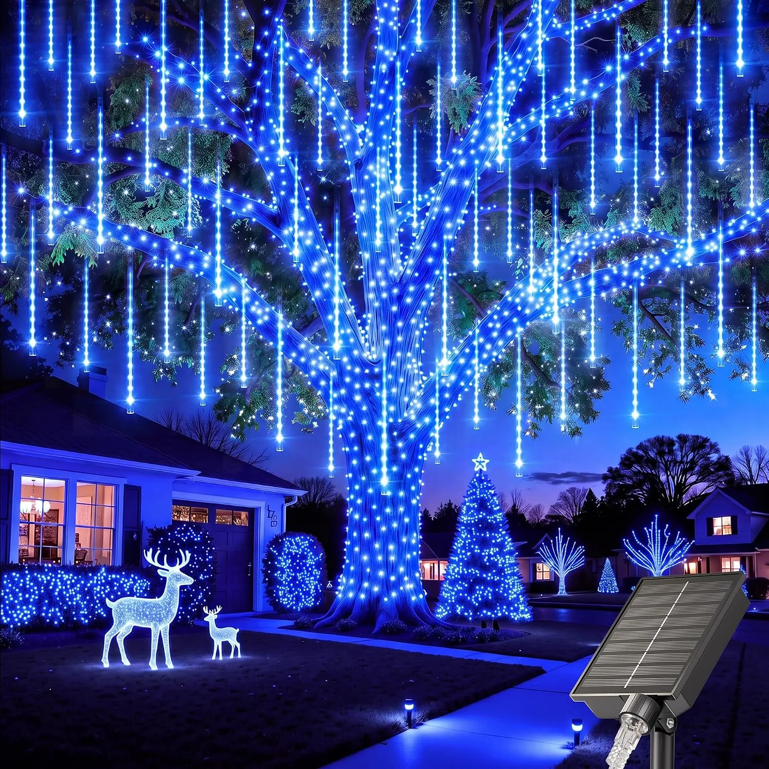 Minetom Solar Meteor Shower Icicle Lights, Blue, 12Inch 20Tube 480LED, photo 4