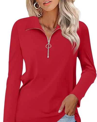 Minetom Womens Long Sleeve Shirts 1/4 Zipper Pullover V Neck Collar Tops, thumbnail 7