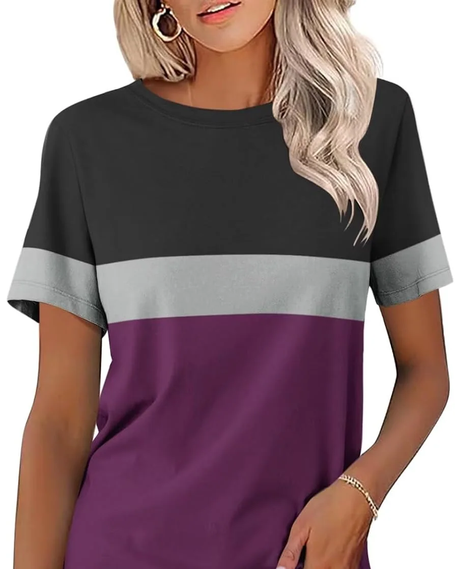 Minetom Womens Color Block T Shirts Short Sleeve Tops Summer Tees, Black-gray-purple, Small, photo 10