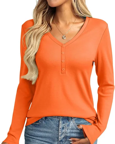 Minetom Womens Long Sleeve Tops Henley V Neck Tees Button Up Shirts Basic, thumbnail 20