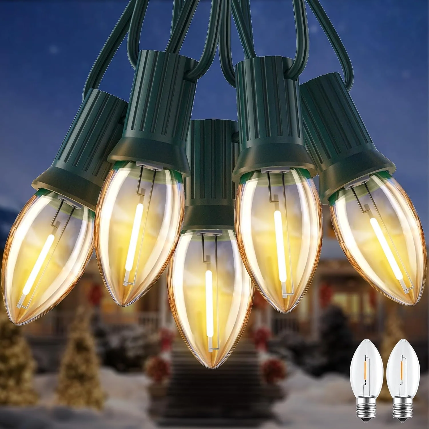 Minetom 50FT C7 LED Vintage Christmas Lights Outdoor with 52 Bulbs, Warm White, 100 ft, photo 3