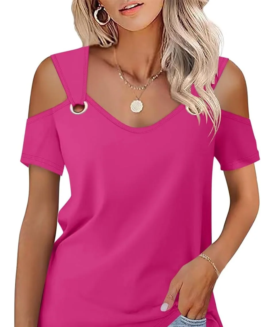 Minetom Women's Cold Shoulder Tops Short Sleeve V Neck T Shirts Summer Tee, Hot Pink, Small, photo 30
