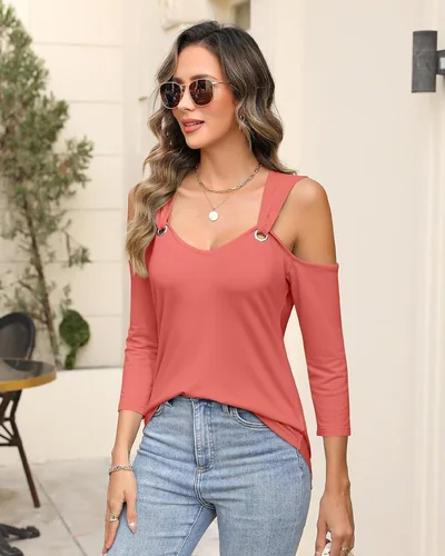 Minetom Women's V Neck 3/4 Sleeve Shirts Cold Shoulder Tops 2026 Fall Tees, thumbnail 4