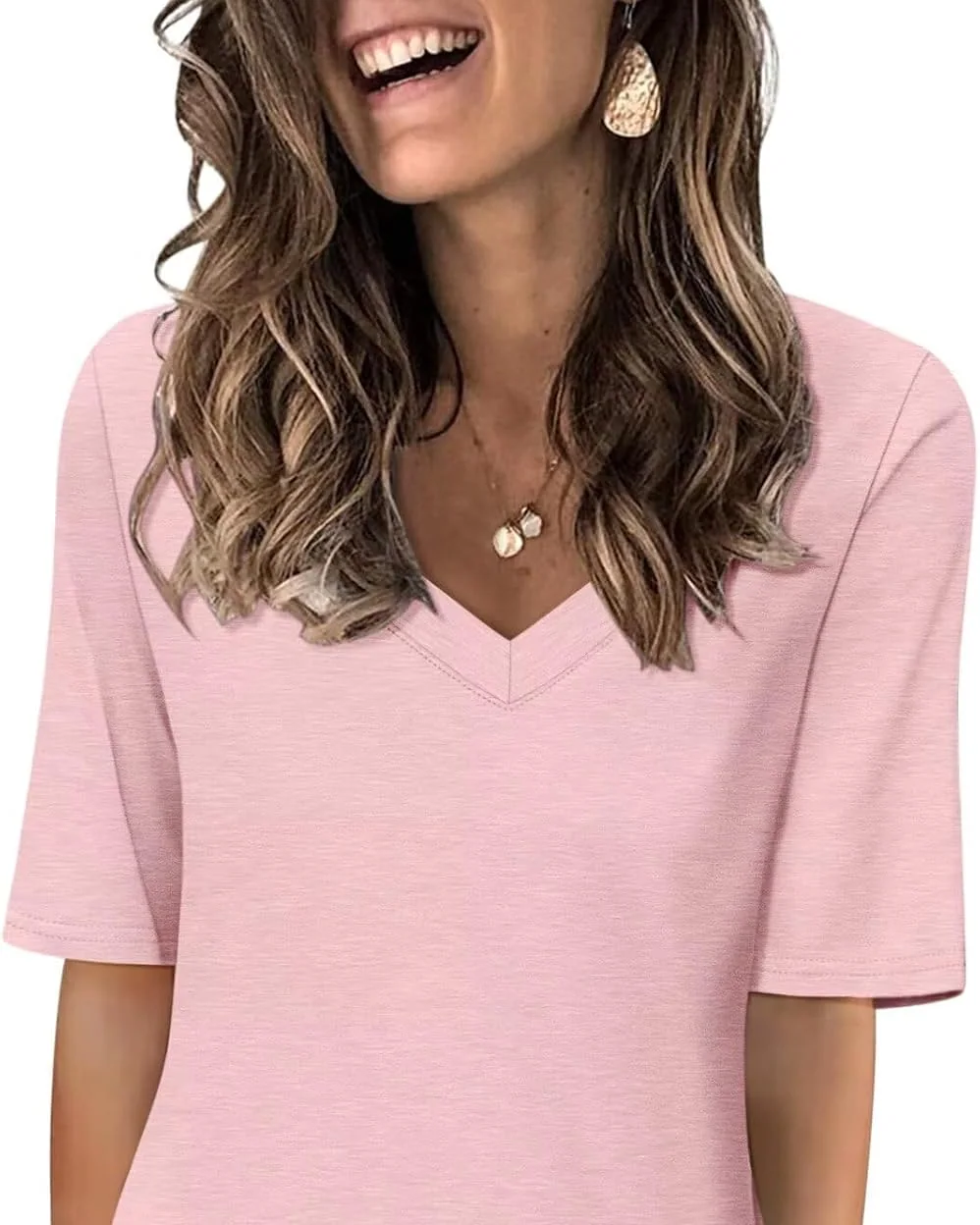 Minetom Women's V Neck T Shirts Casual Half Sleeve Tops Basic Summer Tees, Light Pink, Small, photo 25