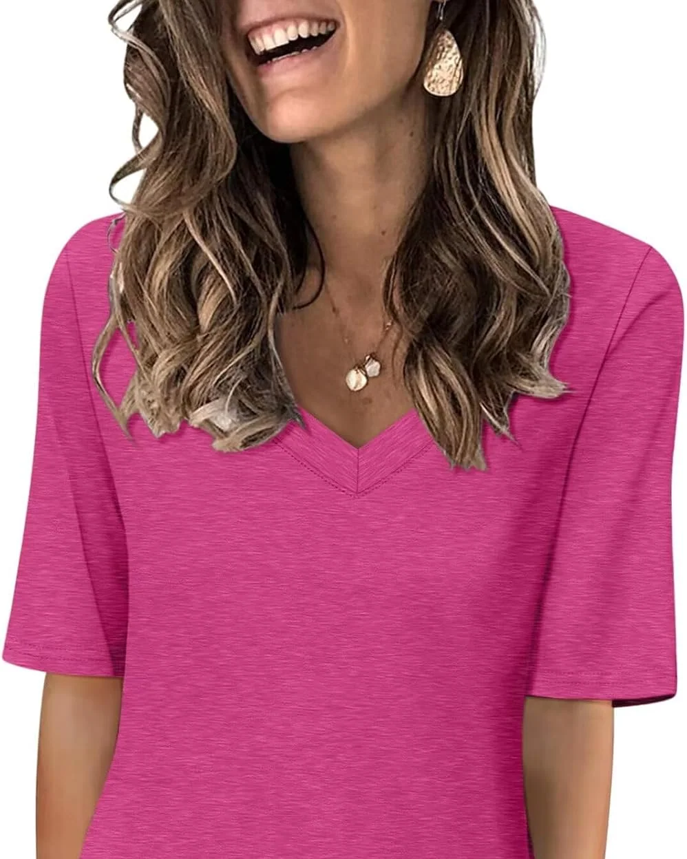 Minetom Women's V Neck T Shirts Casual Half Sleeve Tops Basic Summer Tees, Rose Red, Small, photo 14