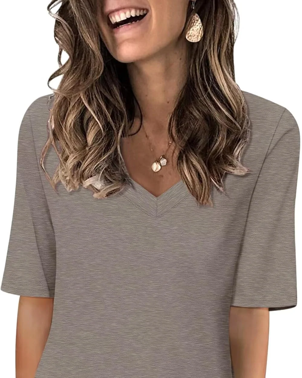 Minetom Women's V Neck T Shirts Casual Half Sleeve Tops Basic Summer Tees, Brown, Medium, photo 1