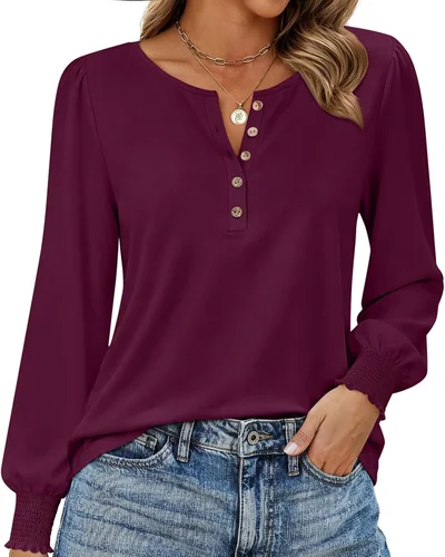 Minetom Womens Long Sleeve Shirts Henley Button Up Blouse 2026 Fall Tops, thumbnail 16