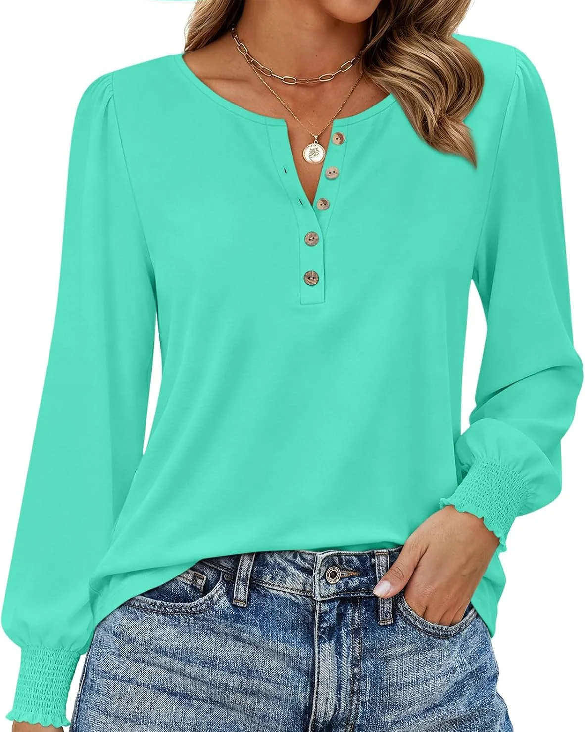 Minetom Womens Long Sleeve Shirts Henley Button Up Blouse 2026 Fall Tops, Lake Blue, Small, photo 8