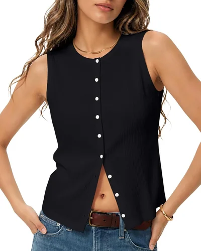 Minetom Womens Sleeveless Button Down Shirts Ribbed Tank Tops Pink, thumbnail 5
