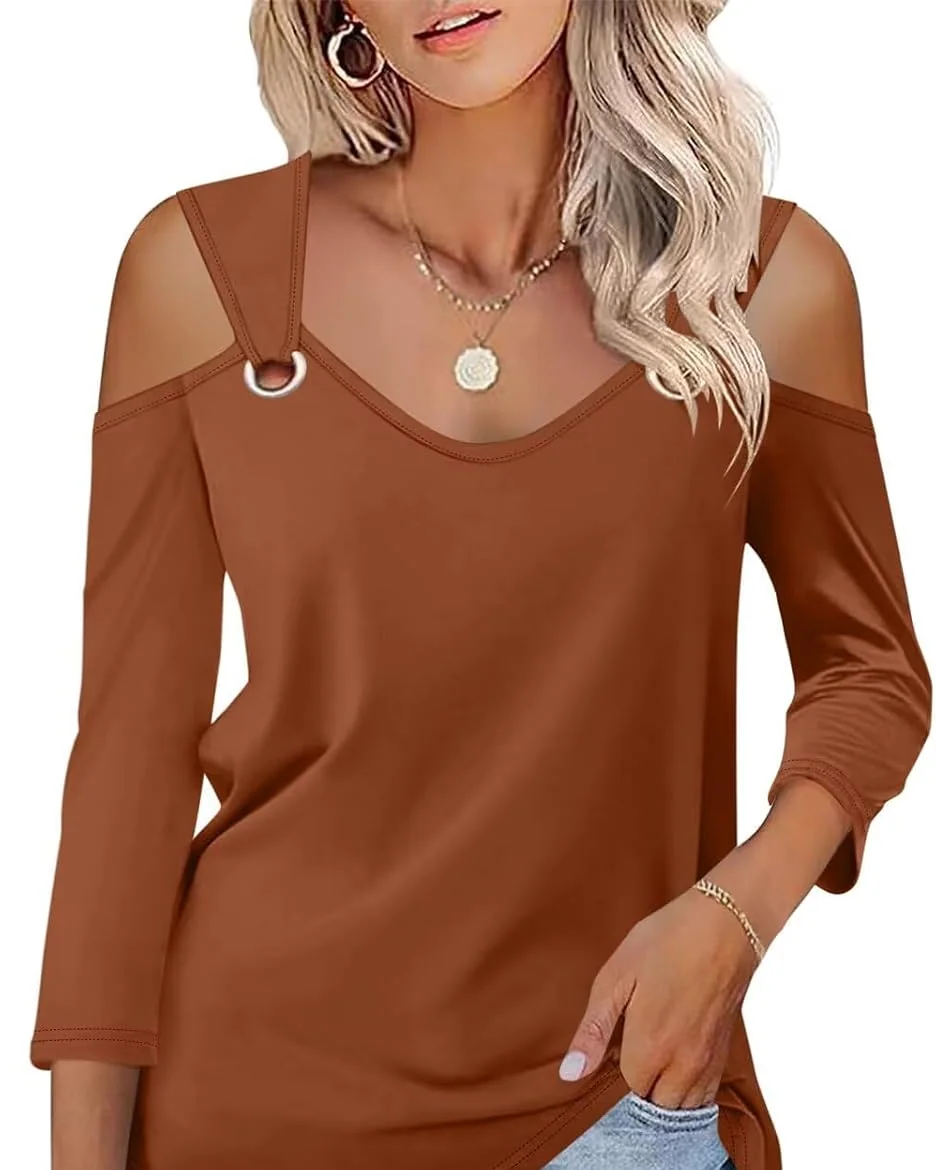 Minetom Women's V Neck 3/4 Sleeve Shirts Cold Shoulder Tops 2026 Fall Tees, Rust, Large, photo 26