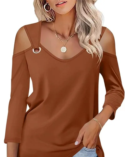 Minetom Women's V Neck 3/4 Sleeve Shirts Cold Shoulder Tops 2026 Fall Tees, thumbnail 26