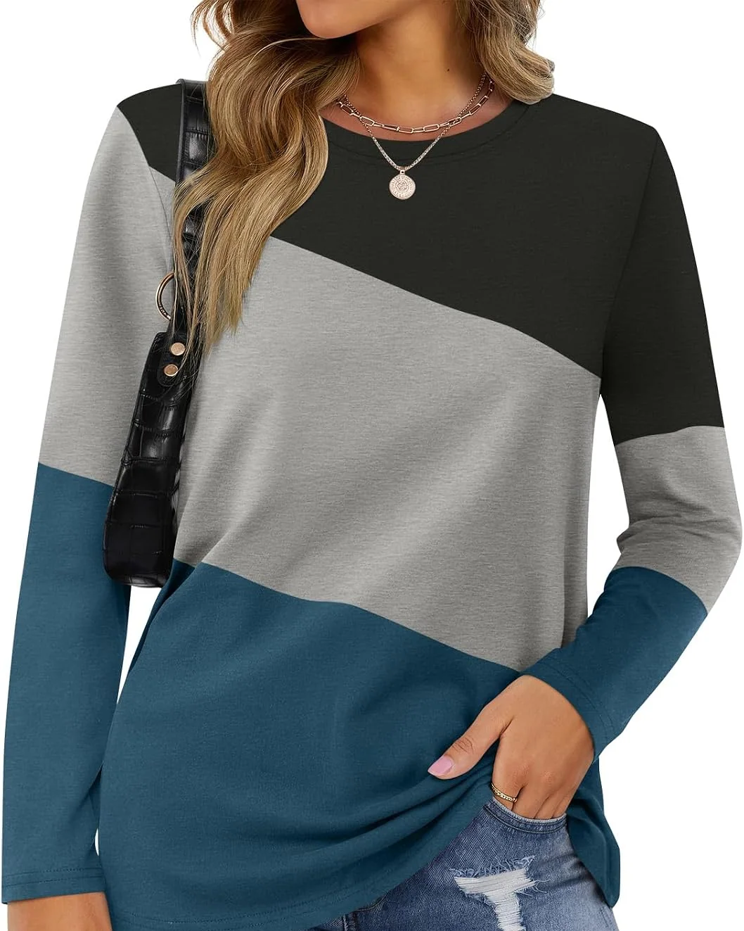 Minetom Women's Color Block Tops Casual Long Sleeve Shirts Pullover Tunic, Black-gray-navy Blue, Small, photo 12