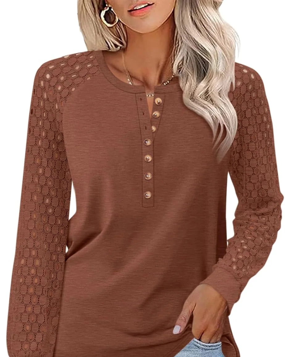 Minetom Women's Lace Long Sleeve Tops Henley Shirts Casual Blouses Tees, Brown, Small, photo 23