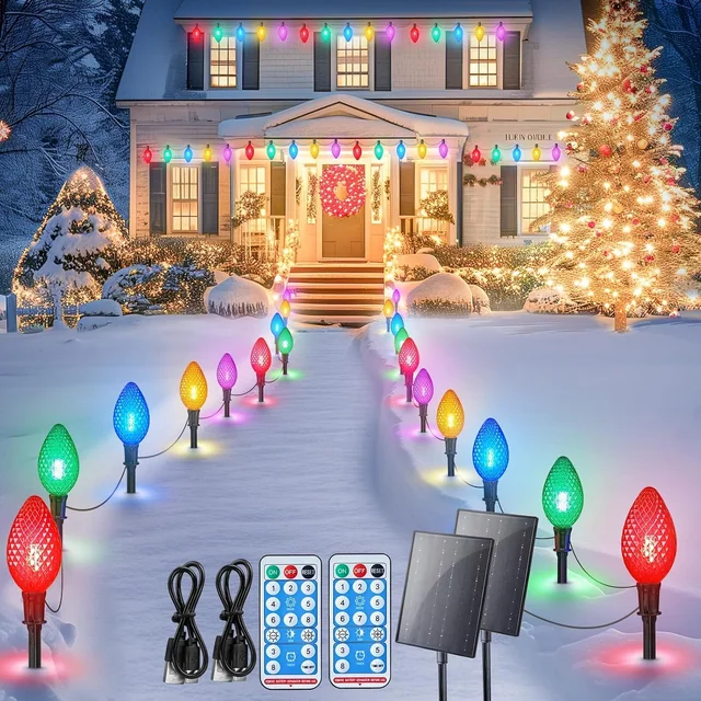 Minetom 2 Pack Solar Double C9 Strawberry Christmas Pathway Lights Outdoor