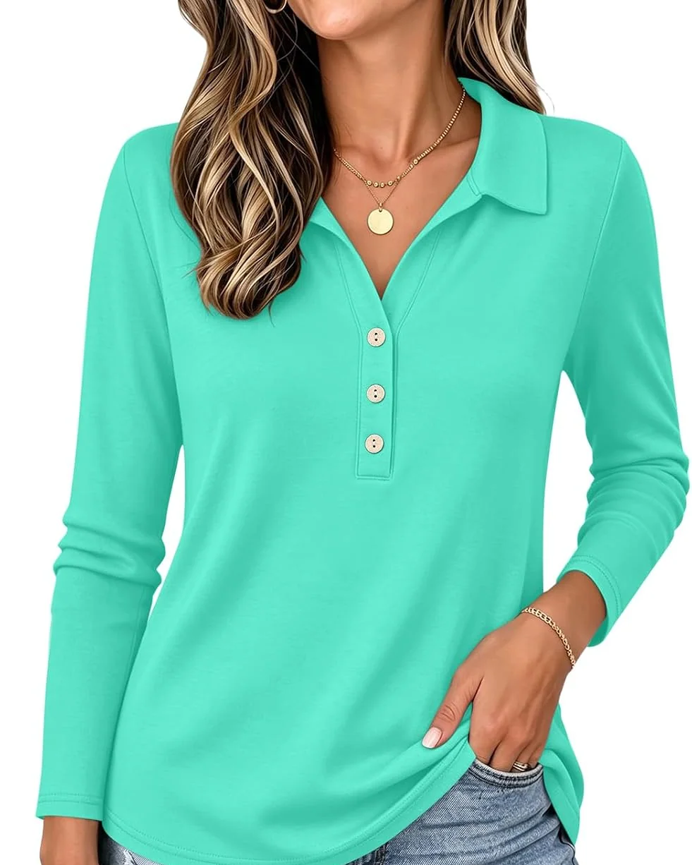 Minetom Womens Long Sleeve Tops Collared Button Up Shirts, Aqua, Small, photo 13