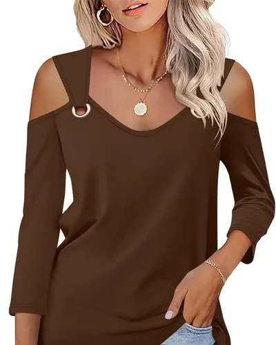 Minetom Women's V Neck 3/4 Sleeve Shirts Cold Shoulder Tops 2026 Fall Tees, thumbnail 8