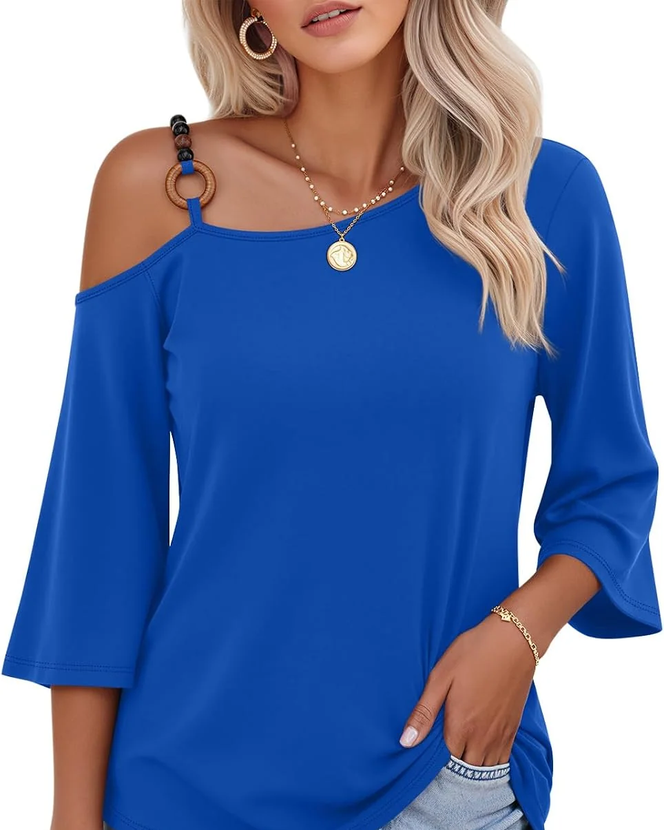 Minetom Women's Off the Shoulder Tops 3 4 Sleeve V Neck T Shirts Fall Tee, Royal Blue, Small, photo 8
