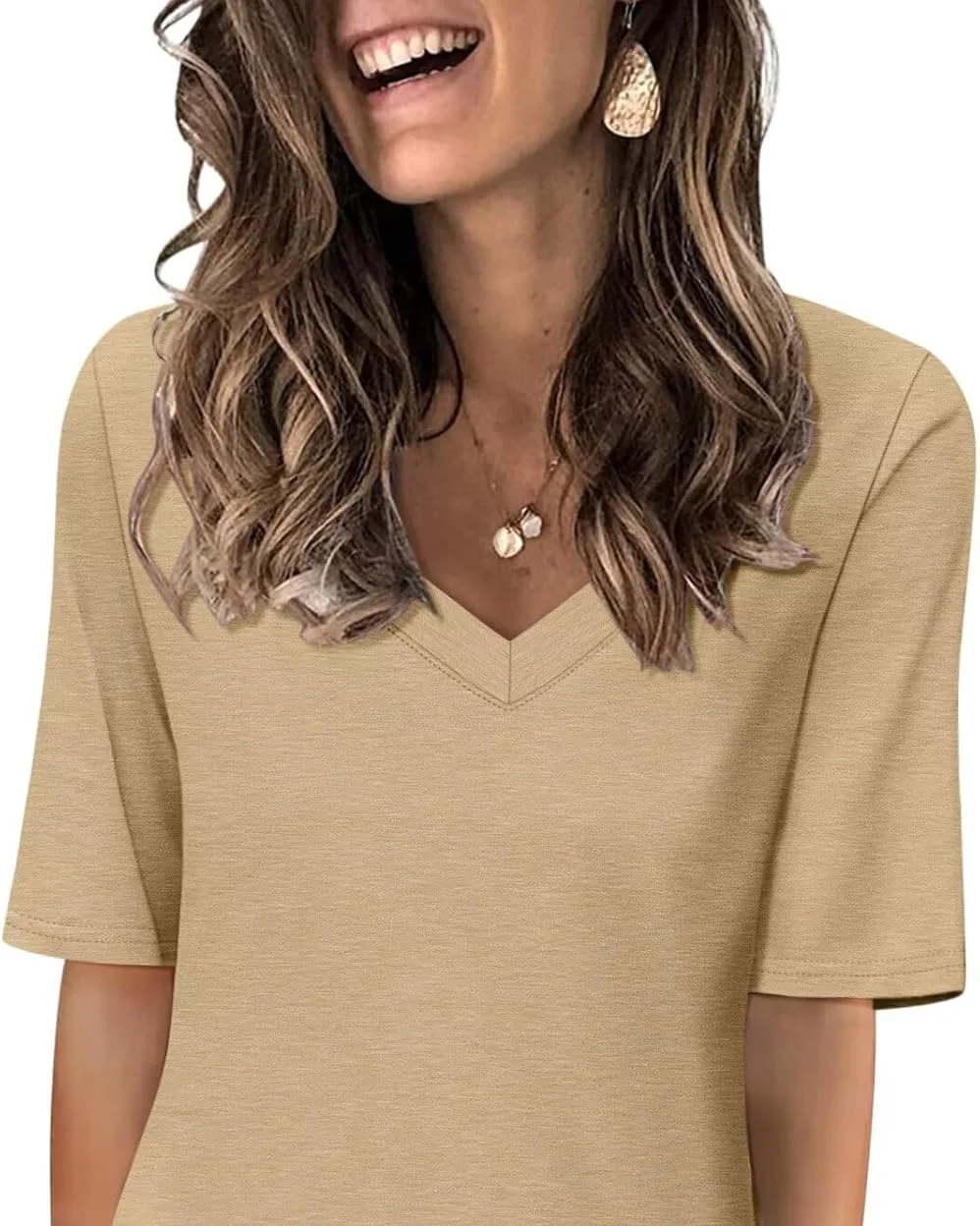 Minetom Women's V Neck T Shirts Casual Half Sleeve Tops Basic Summer Tees, Khaki, Medium, photo 19