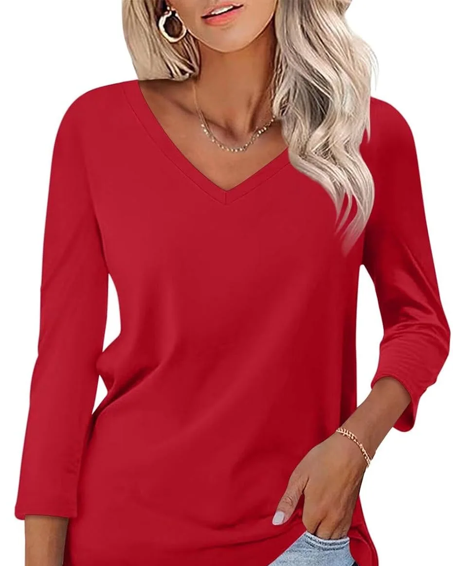 Minetom Women's 3/4 Length Sleeve Tops V Neck T Shirts Casual Basic Tees, Red, Small, photo 24