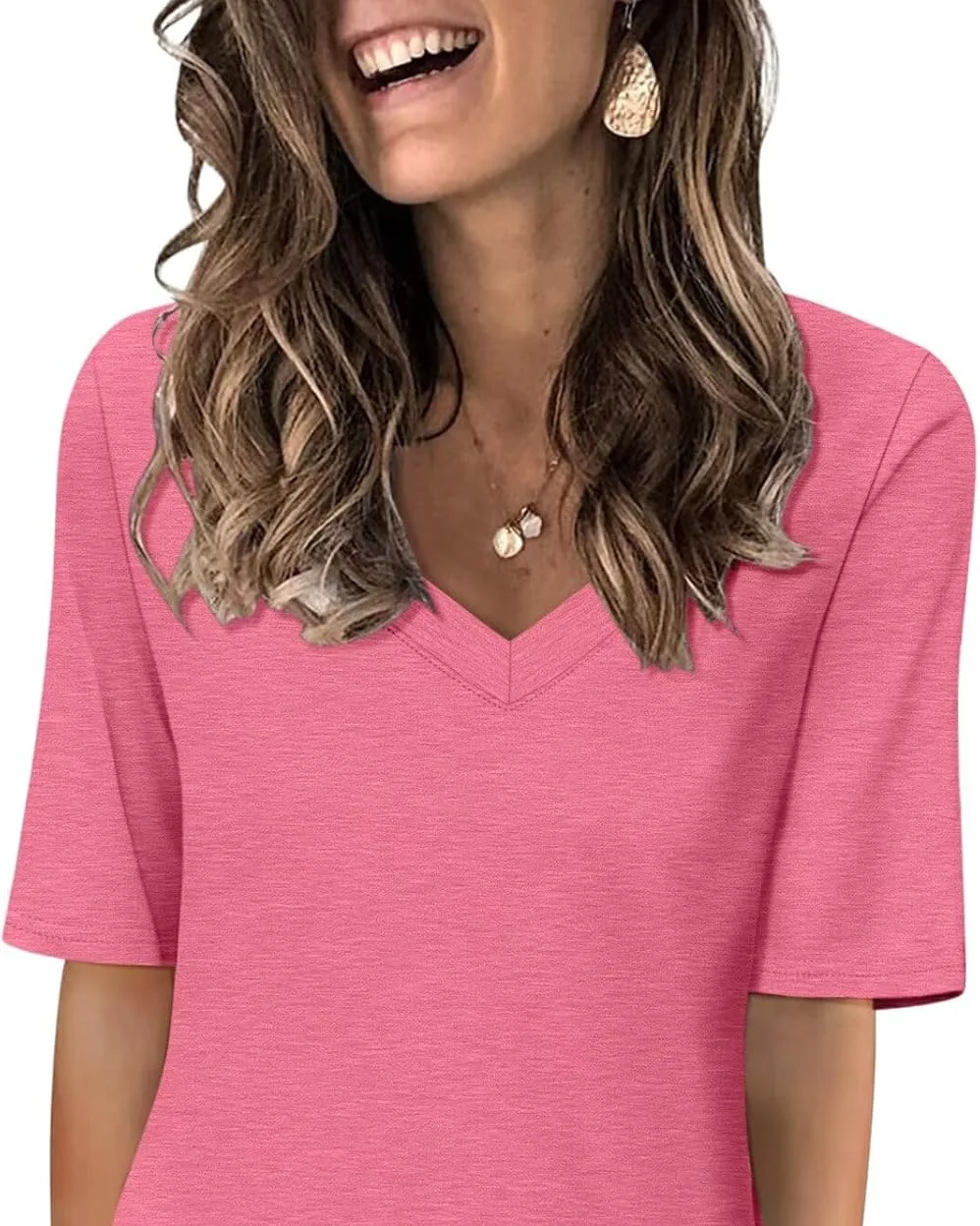 Minetom Women's V Neck T Shirts Casual Half Sleeve Tops Basic Summer Tees, Watermelon Red, Small, photo 18