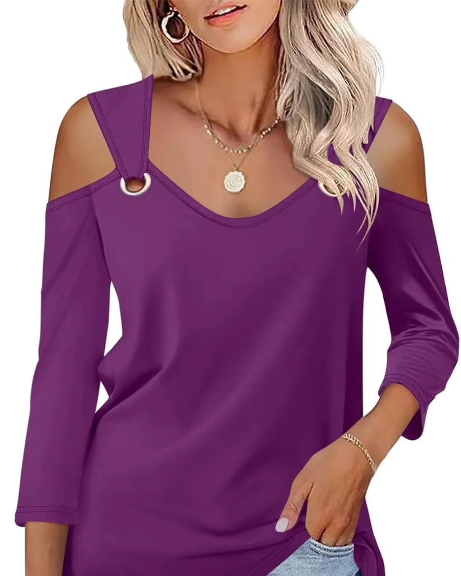 Minetom Women's V Neck 3/4 Sleeve Shirts Cold Shoulder Tops 2026 Fall Tees, Dark Purple, Small, photo 6